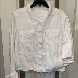 PAIGE Women's Whitw Denim Jacket with frayed accents. Size L